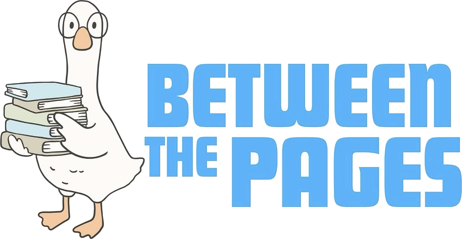 Between the Pages — a goose in glasses hugging a stack of books